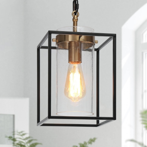Modern Geometric Kitchen Pendant Lighting, 1-Light Black and Brass Gold with Cylinder Glass Modern/Contemporary Clear Glass Cylinder LED Mini Hanging