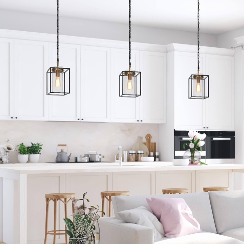 Modern Geometric Kitchen Pendant Lighting, 1-Light Black and Brass Gold with Cylinder Glass Modern/Contemporary Clear Glass Cylinder LED Mini Hanging