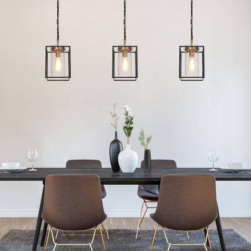 Modern Geometric Kitchen Pendant Lighting, 1-Light Black and Brass Gold with Cylinder Glass Modern/Contemporary Clear Glass Cylinder LED Mini Hanging