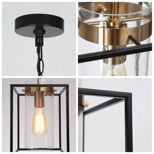 Modern Geometric Kitchen Pendant Lighting, 1-Light Black and Brass Gold with Cylinder Glass Modern/Contemporary Clear Glass Cylinder LED Mini Hanging