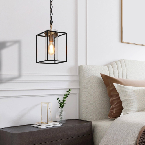 Modern Geometric Kitchen Pendant Lighting, 1-Light Black and Brass Gold with Cylinder Glass Modern/Contemporary Clear Glass Cylinder LED Mini Hanging