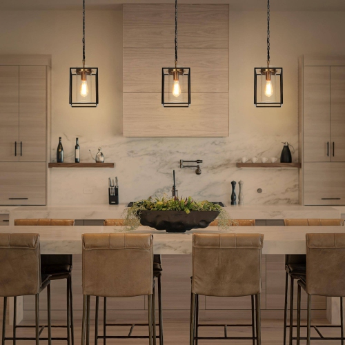 Modern Geometric Kitchen Pendant Lighting, 1-Light Black and Brass Gold with Cylinder Glass Modern/Contemporary Clear Glass Cylinder LED Mini Hanging