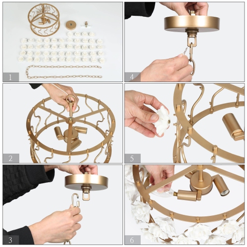 Modern Farmhouse Drum Chandelier Light, 3-Light Geometric Chandelier Pendant Light with White Ceramics Flowers