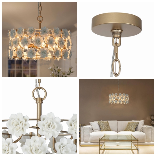 Modern Farmhouse Drum Chandelier Light, 3-Light Geometric Chandelier Pendant Light with White Ceramics Flowers