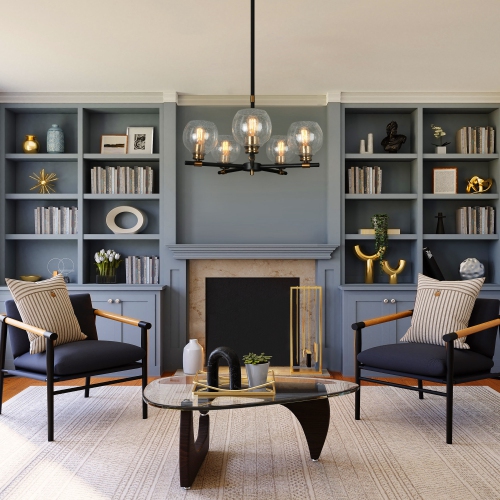 Modern Sputnik Dining Room Chandelier Light, 5-Light Black and Brass Chandelier with Seeded Glass Shades