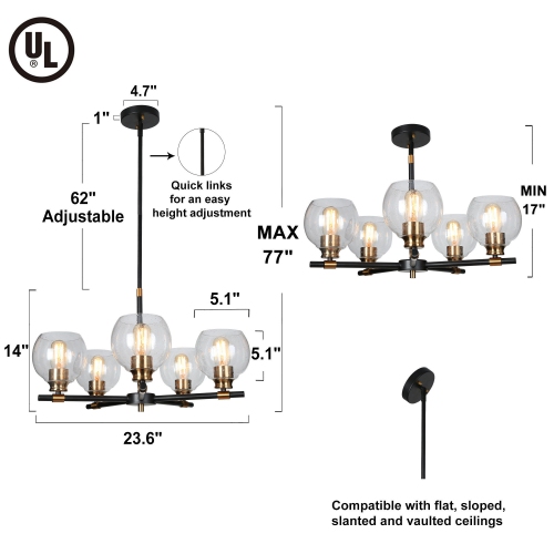 Modern Sputnik Dining Room Chandelier Light, 5-Light Black and Brass Chandelier with Seeded Glass Shades