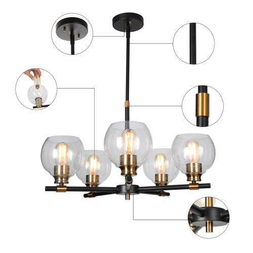 Modern Sputnik Dining Room Chandelier Light, 5-Light Black and Brass Chandelier with Seeded Glass Shades