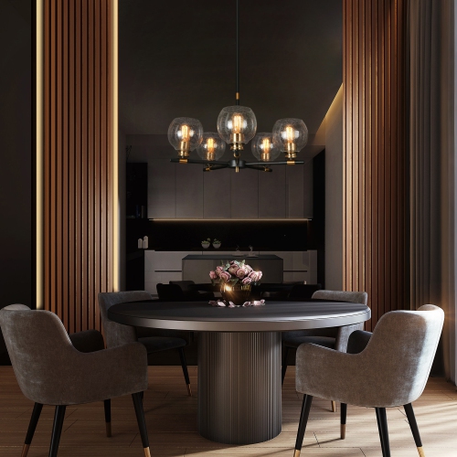 Modern Sputnik Dining Room Chandelier Light, 5-Light Black and Brass Chandelier with Seeded Glass Shades
