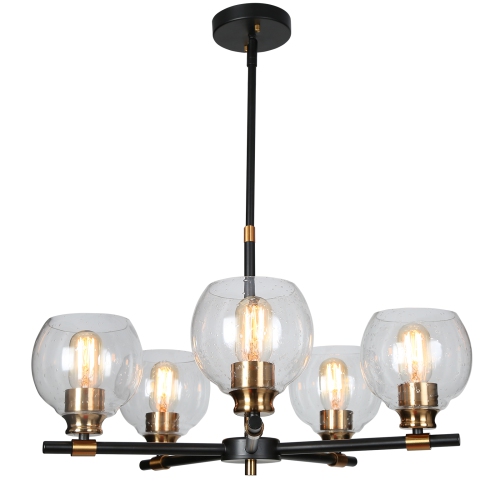 Modern Sputnik Dining Room Chandelier Light, 5-Light Black and Brass Chandelier with Seeded Glass Shades