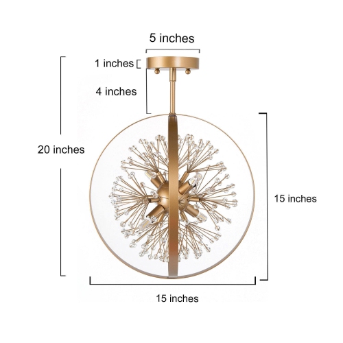 Modern Round Bedroom Ceiling Light, 3-Light Gold Globe Semi-Flush Mount Chandelier Light with Crystal Beads