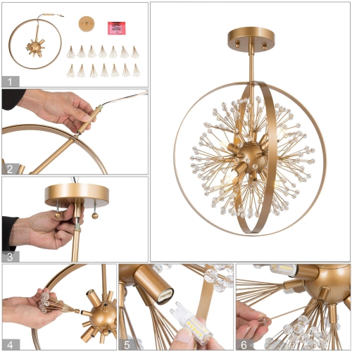 Modern Round Bedroom Ceiling Light, 3-Light Gold Globe Semi-Flush Mount Chandelier Light with Crystal Beads