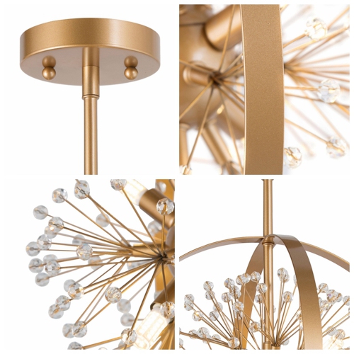 Modern Round Bedroom Ceiling Light, 3-Light Gold Globe Semi-Flush Mount Chandelier Light with Crystal Beads