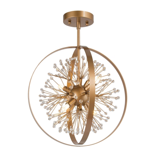 Modern Round Bedroom Ceiling Light, 3-Light Gold Globe Semi-Flush Mount Chandelier Light with Crystal Beads