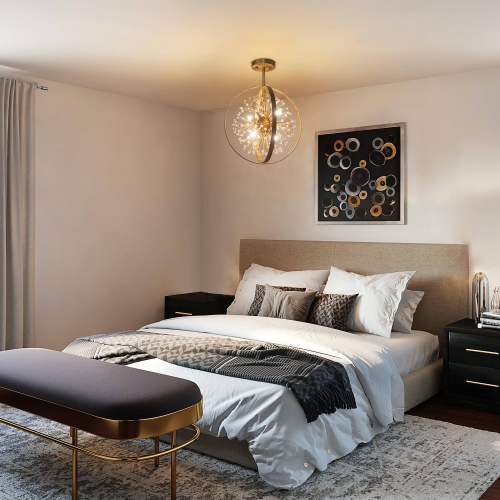 Modern Round Bedroom Ceiling Light, 3-Light Gold Globe Semi-Flush Mount Chandelier Light with Crystal Beads