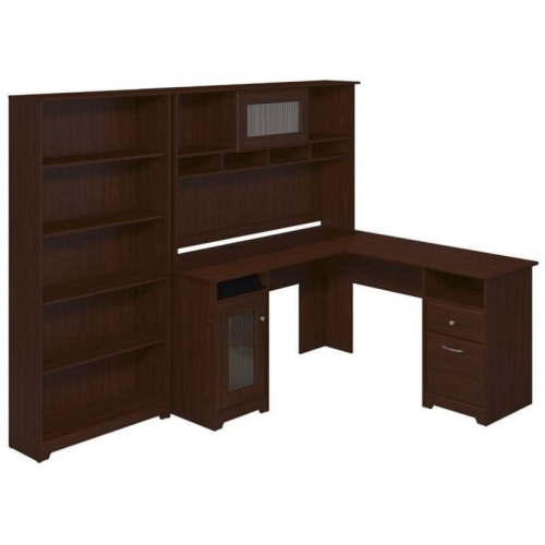 Pemberly Row 60" L-Shape Desk with Hutch and 5 Shelf Bookcase in Cherry