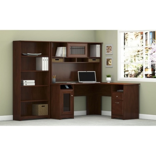 Pemberly Row 60" L-Shape Desk with Hutch and 5 Shelf Bookcase in Cherry