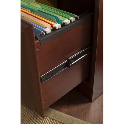 Pemberly Row 60" L-Shape Desk with Hutch and 5 Shelf Bookcase in Cherry