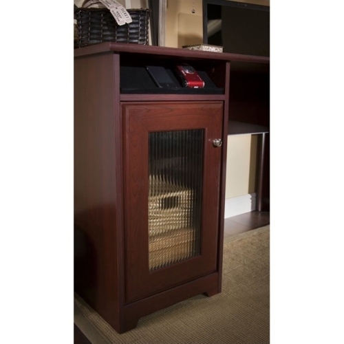 Pemberly Row 60" L-Shape Desk with Hutch and 5 Shelf Bookcase in Cherry