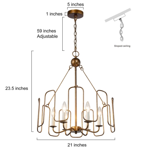 Rustic Dining Room Chandelier, 6-Light Antique Gold Hanging Ceiling Light for Living Room