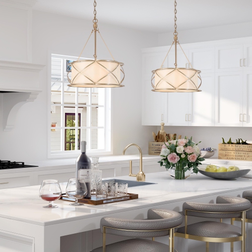 Gold Drum Bedroom Chandelier, 3-Light Modern Farmhouse Cage Chandelier Pendant Light with Fabric Shades