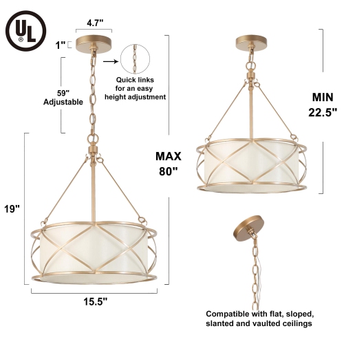 Gold Drum Bedroom Chandelier, 3-Light Modern Farmhouse Cage Chandelier Pendant Light with Fabric Shades