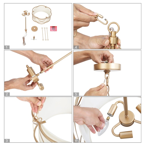 Gold Drum Bedroom Chandelier, 3-Light Modern Farmhouse Cage Chandelier Pendant Light with Fabric Shades