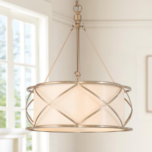 Gold Drum Bedroom Chandelier, 3-Light Modern Farmhouse Cage Chandelier Pendant Light with Fabric Shades