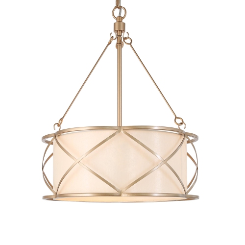 Gold Drum Bedroom Chandelier, 3-Light Modern Farmhouse Cage Chandelier Pendant Light with Fabric Shades