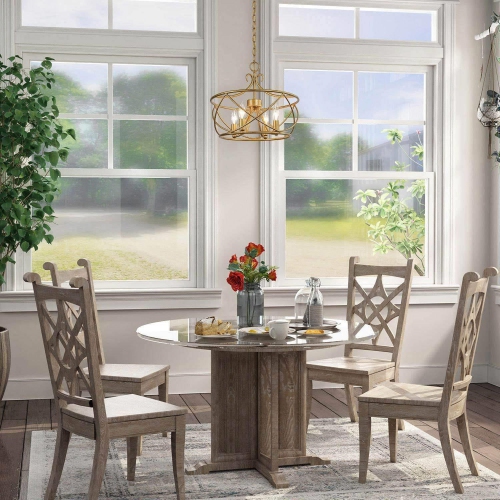 Modern Drum Dining Room Chandelier Light, 4-Light Antique Gold Cage Chandelier Light with Candlestick Design