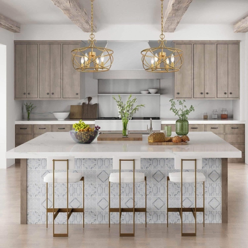 Modern Drum Dining Room Chandelier Light, 4-Light Antique Gold Cage Chandelier Light with Candlestick Design