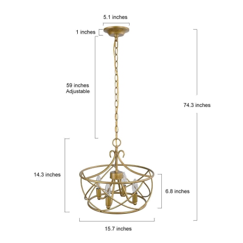 Modern Drum Dining Room Chandelier Light, 4-Light Antique Gold Cage Chandelier Light with Candlestick Design