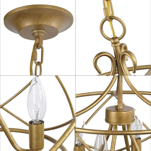 Modern Drum Dining Room Chandelier Light, 4-Light Antique Gold Cage Chandelier Light with Candlestick Design