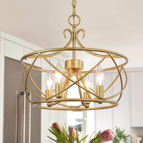 Modern Drum Dining Room Chandelier Light, 4-Light Antique Gold Cage Chandelier Light with Candlestick Design