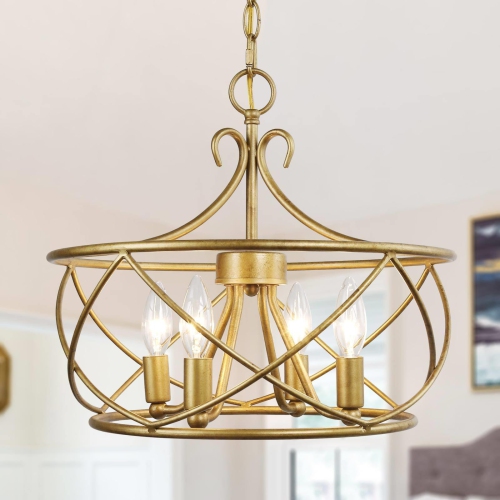 Modern Drum Dining Room Chandelier Light, 4-Light Antique Gold Cage Chandelier Light with Candlestick Design