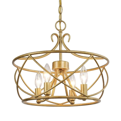 Modern Drum Dining Room Chandelier Light, 4-Light Antique Gold Cage Chandelier Light with Candlestick Design