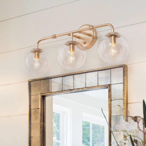Modern Linear Vanity Light, 3-Light Gold Bathroom Wall Sconce with Globe Seeded Glass Shades