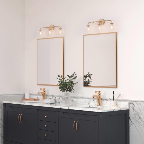 Modern Linear Vanity Light, 3-Light Gold Bathroom Wall Sconce with Globe Seeded Glass Shades
