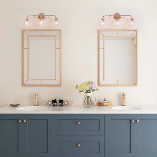 Modern Linear Vanity Light, 3-Light Gold Bathroom Wall Sconce with Globe Seeded Glass Shades