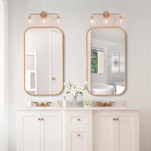 Modern Linear Vanity Light, 3-Light Gold Bathroom Wall Sconce with Globe Seeded Glass Shades