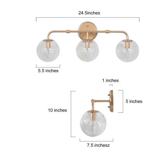 Modern Linear Vanity Light, 3-Light Gold Bathroom Wall Sconce with Globe Seeded Glass Shades