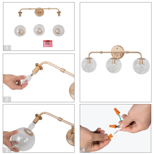 Modern Linear Vanity Light, 3-Light Gold Bathroom Wall Sconce with Globe Seeded Glass Shades