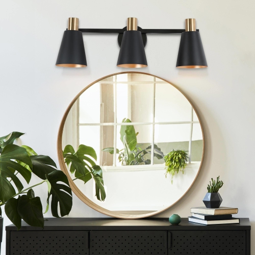 Modern Round Bathroom Vanity Light 3-Light Black and Brass Cylinder Wall Light with Metal Shades