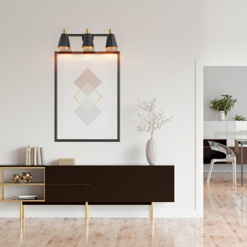 Modern Round Bathroom Vanity Light 3-Light Black and Brass Cylinder Wall Light with Metal Shades
