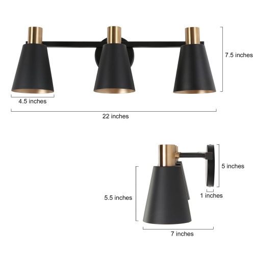 Modern Round Bathroom Vanity Light 3-Light Black and Brass Cylinder Wall Light with Metal Shades