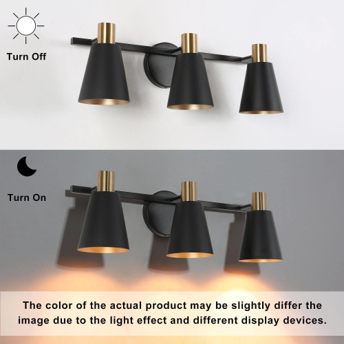 Modern Round Bathroom Vanity Light 3-Light Black and Brass Cylinder Wall Light with Metal Shades