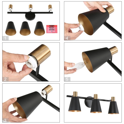 Modern Round Bathroom Vanity Light 3-Light Black and Brass Cylinder Wall Light with Metal Shades