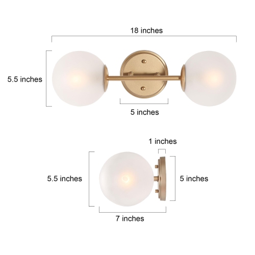 Modern Gold Wall Sconce Light, 2-Light Globe Bathroom Vanity Light Fixture with Frosted Glass Shades