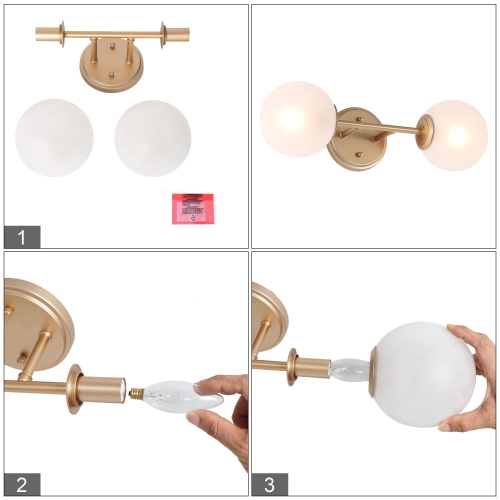 Modern Gold Wall Sconce Light, 2-Light Globe Bathroom Vanity Light Fixture with Frosted Glass Shades