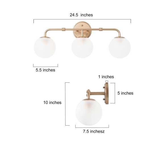 Modern Round Bathroom Vanity Light 3-Light Gold Globe Wall Sconce Light with Frosted Glass Shades