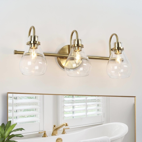 UOLFIN  Modern Brass Bathroom Vanity Light, 3-Light Transitional Powder Room Wall Sconces With Clear Glass Shades In Gold